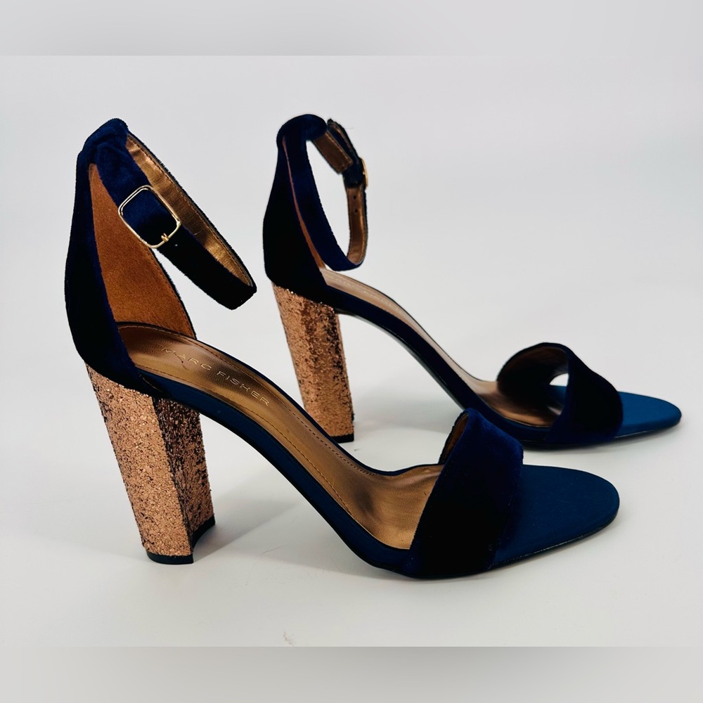 MARC FISHER Velvet Blue Gold Glitter Block Heel Size 9.5